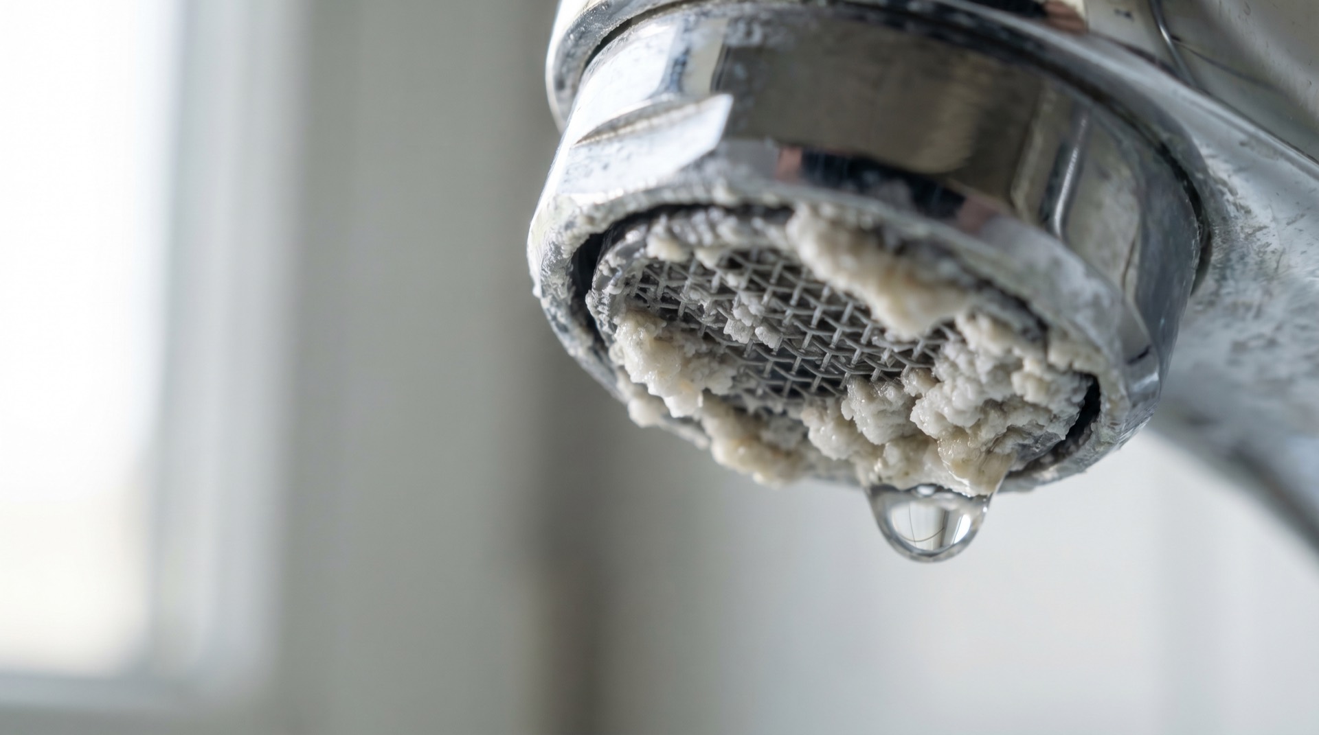 Limescale and mineral buildup on a chrome faucet from hard water