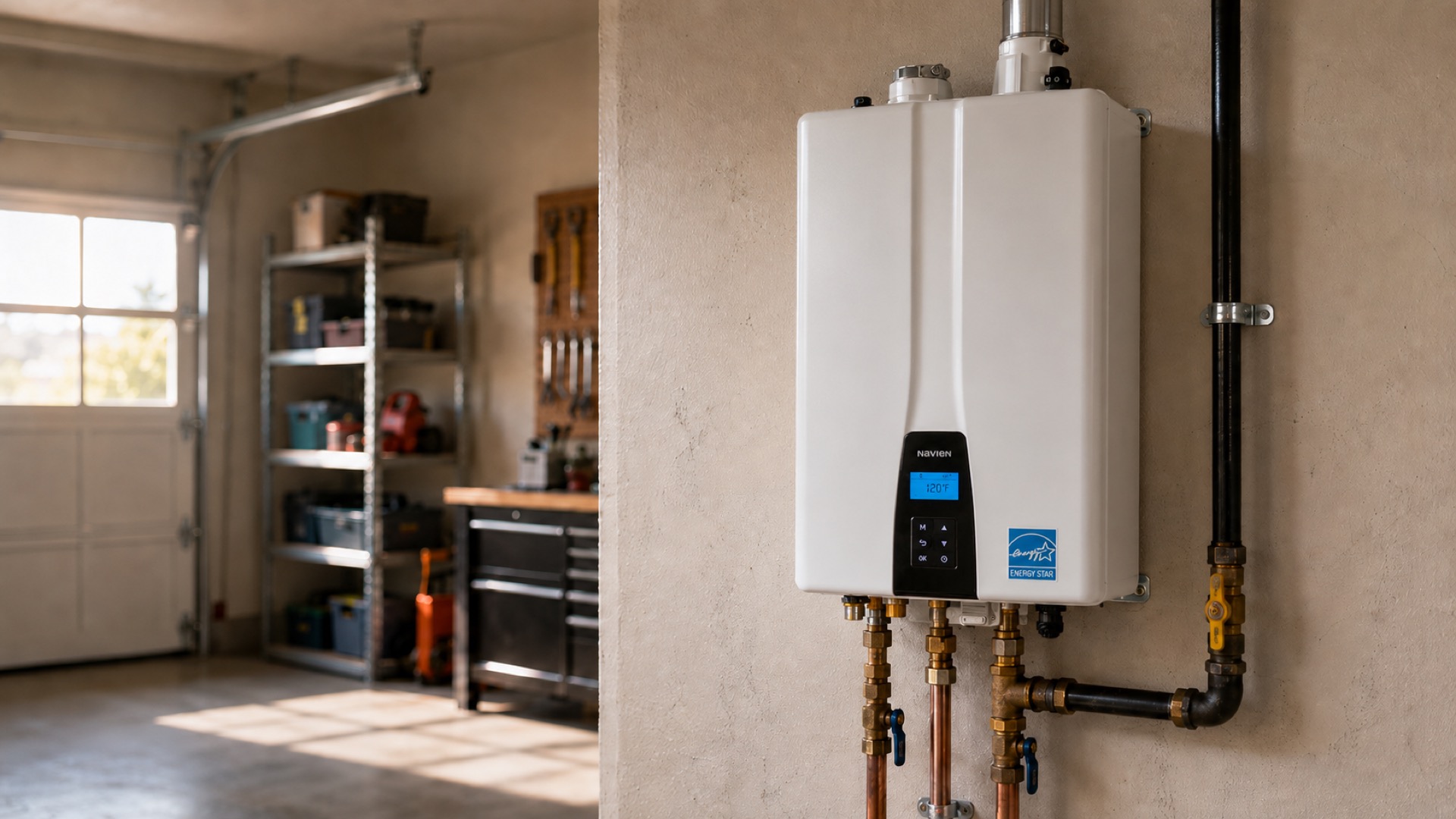 Wall-mounted Navien tankless water heater in a Lowcountry garage